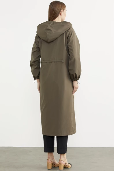 Büyük Beden Kapüşonlu Fermuarlı Uzun Trençkot - Haki - 6