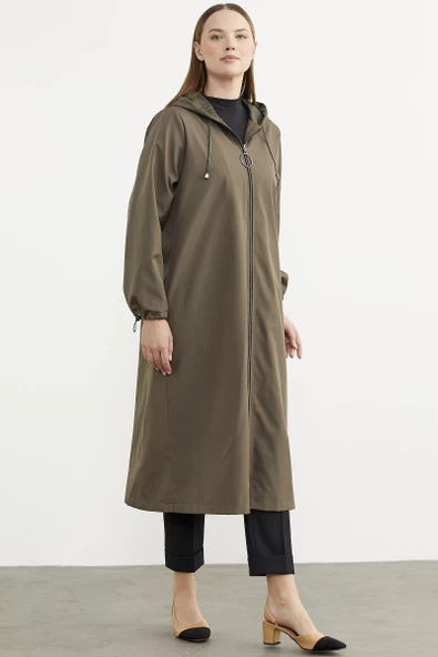 Büyük Beden Kapüşonlu Fermuarlı Uzun Trençkot - Haki - 4