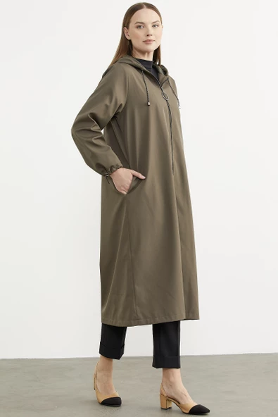 Büyük Beden Kapüşonlu Fermuarlı Uzun Trençkot - Haki - 5