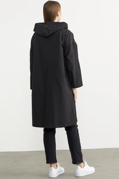 Büyük Beden Kapüşonlu Uzun Trençkot - Siyah - Resim 5