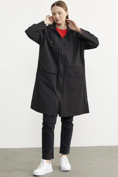 Büyük Beden Kapüşonlu Uzun Trençkot - Siyah - Resim 4
