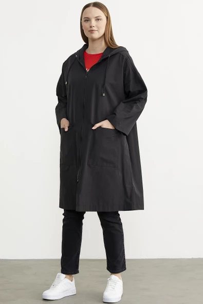 Büyük Beden Kapüşonlu Uzun Trençkot - Siyah - Resim 3
