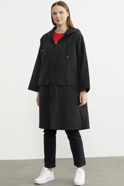 Büyük Beden Kapüşonlu Uzun Trençkot - Siyah - Resim 2