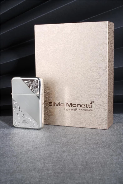 Silvio Monetti  Gümüş Renk İşlemeli Kapaklı Benzinli Çakmak  24CSM916CR04 - Resim 3