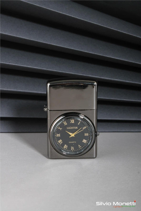 Silvio Monetti Siyah Özel Tasarım Kapaklı Saatli Model Gazlı Çakmak 24CSM808BMR03 ürün görseli 1