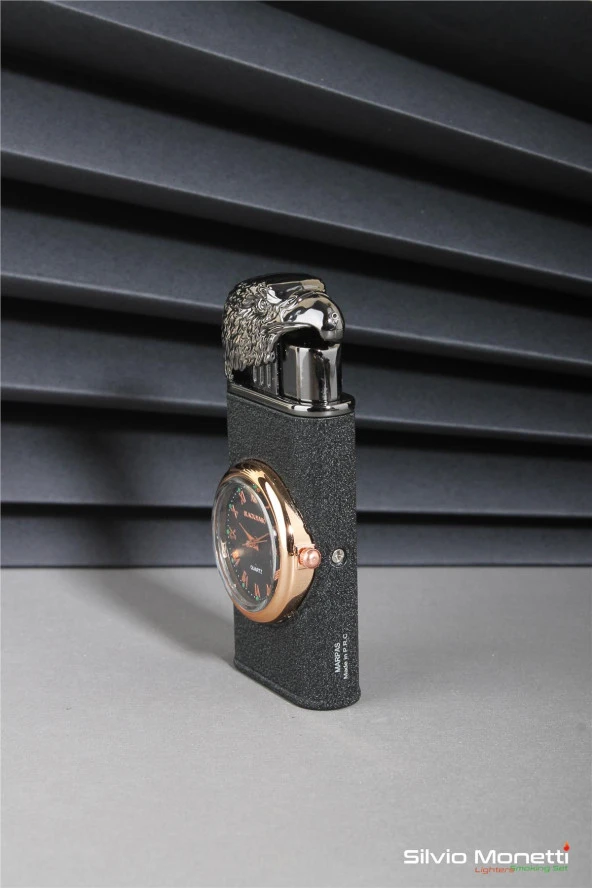 Silvio Monetti Siyah Özel Tasarım Kapaklı Saatli Model Gazlı Çakmak 24CSM809MR01 - Resim 2