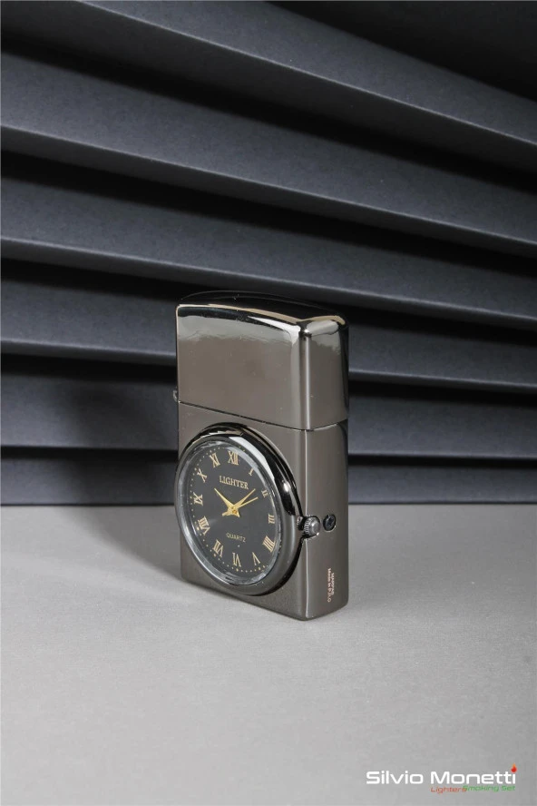 Silvio Monetti Siyah Özel Tasarım Kapaklı Saatli Model Gazlı Çakmak 24CSM808BMR03 - Resim 2