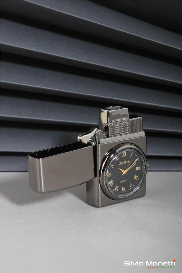 Silvio Monetti Siyah Özel Tasarım Kapaklı Saatli Model Gazlı Çakmak 24CSM808BMR03 - Resim 3