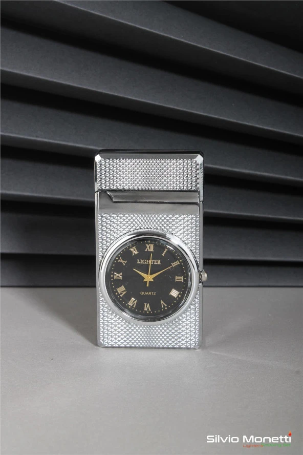 Silvio Monetti Gümüş Özel Tasarım Kapaklı Saatli Model Gazlı Çakmak 24CSM810MTRR02 ürün görseli 1