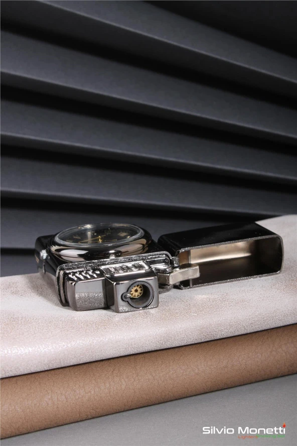 Silvio Monetti Siyah Özel Tasarım Kapaklı Saatli Model Gazlı Çakmak 24CSM808BMR03 - Resim 4