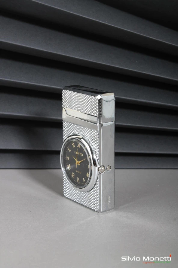 Silvio Monetti Gümüş Özel Tasarım Kapaklı Saatli Model Gazlı Çakmak 24CSM810MTRR02 - Resim 2