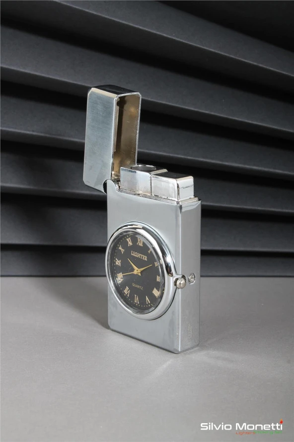 Silvio Monetti Gümüş Özel Tasarım Kapaklı Saatli Model Gazlı Çakmak 24CSM810MDZR03 - Resim 3