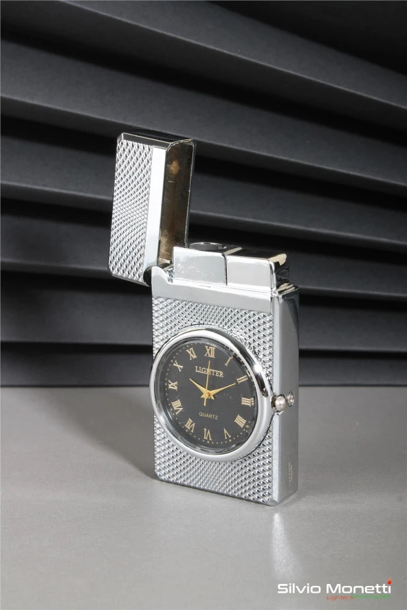 Silvio Monetti Gümüş Özel Tasarım Kapaklı Saatli Model Gazlı Çakmak 24CSM810MTRR02 - Resim 3