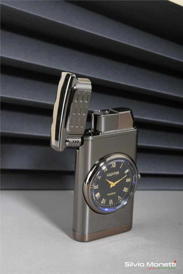 Silvio Monetti Siyah Özel Tasarım Kapaklı Saatli Model Gazlı Çakmak 24CSM807BMR04 - Resim 4