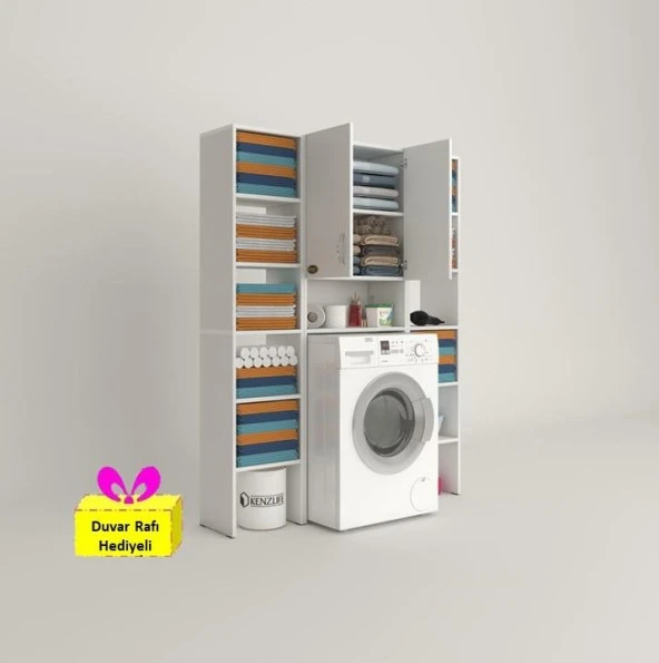 Kenzlife çamaşır makinesi dolabı sinemmaksduble byz 180*126*30 banyo arkalıklı + tekli duvar rafı hediyeli ürün görseli 1
