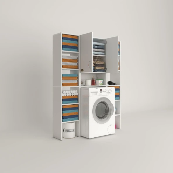 Kenzlife çamaşır makinesi dolabı sinemmaksduble byz 180*126*30 banyo kapaklı arkalıklı raflı - 2