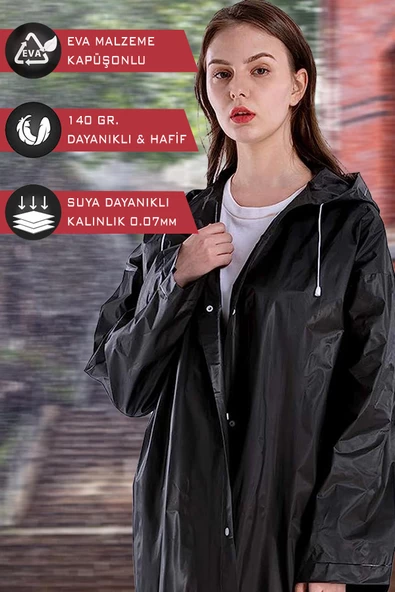 By Marine Kadın Erkek Yağmurluk Kapüşonlu Çıtçıtlı Eva Siyah Su Rüzgar Geçirmez Yağmurluk BYMMRC881R03 - 6