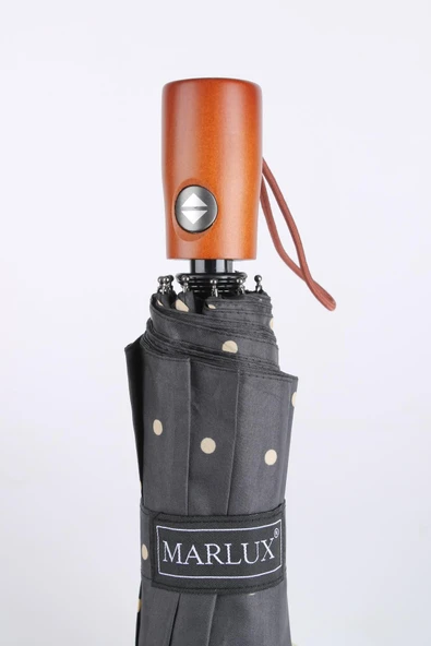 Marlux Siyah Krem Benekli Ahşap Saplı Tam Otomatik Premium Lüks Kadın Şemsiye M21MAR1002LR009 - Resim 3