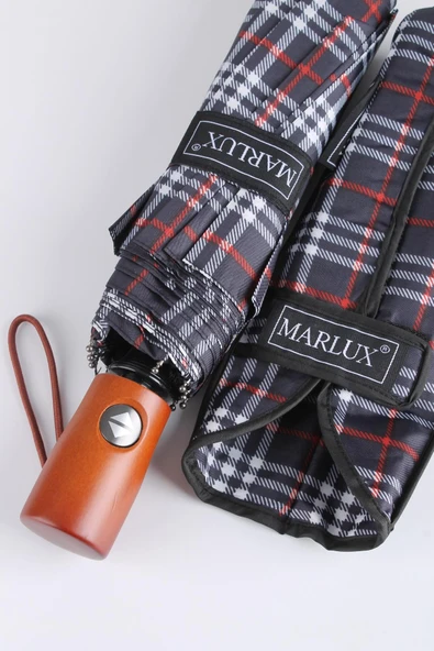 Marlux Lacivert Kırmızı Ekose Ahşap Saplı Tam Otomatik Premium Lüks Kadın Şemsiye M21MAR1002LR010 - Resim 2