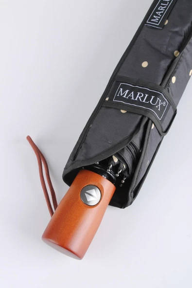 Marlux Siyah Krem Benekli Ahşap Saplı Tam Otomatik Premium Lüks Kadın Şemsiye M21MAR1002LR009 ürün görseli 1