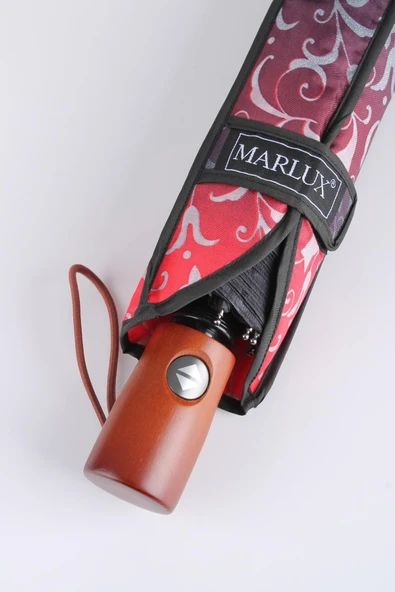 Marlux Kırmızı Desenli Ahşap Saplı Tam Otomatik Premium Lüks Kadın Şemsiye M21MAR1002LR007 ürün görseli 1