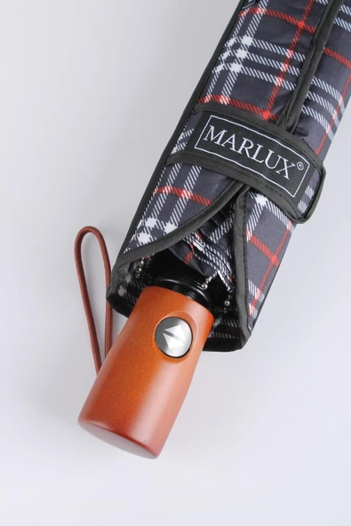 Marlux Lacivert Kırmızı Ekose Ahşap Saplı Tam Otomatik Premium Lüks Kadın Şemsiye M21MAR1002LR010 ürün görseli 1