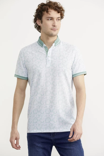 Slim Fit Polo Yaka Desenli Tişört - Yeşil - 2
