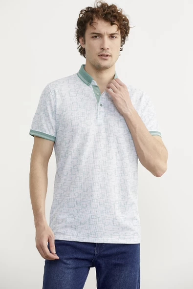 Slim Fit Polo Yaka Desenli Tişört - Yeşil - 3