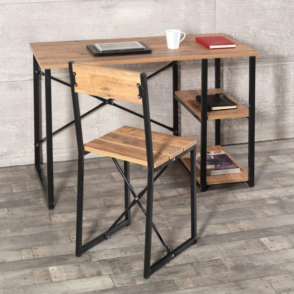 Eportatif Çalışma Masası Raflı Bilgisayar Masası Ofis Sandalyesi Seti 1015 - 2