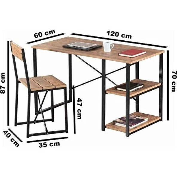 Eportatif Çalışma Masası Raflı Bilgisayar Masası Ofis Sandalyesi Seti 1015 - 3