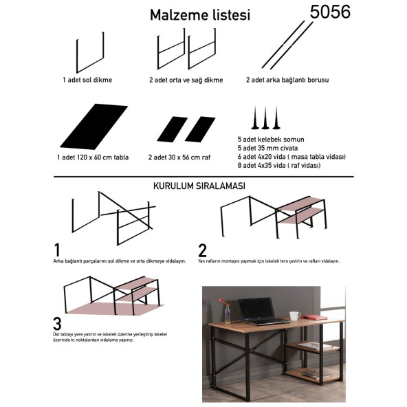 Eportatif Çalışma Masası Raflı Bilgisayar Masası Ofis Sandalyesi Seti 1015 - 5