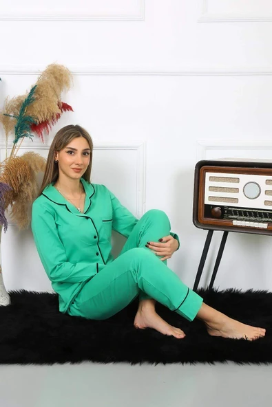 Kadın Pamuk Penye Önden Düğmeli Uzun Kol Yeşil Pijama Takım 2782