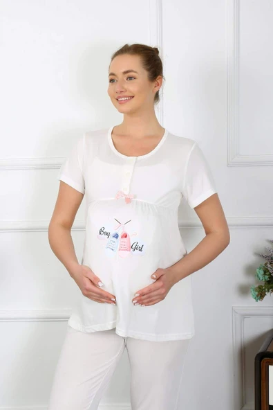 Kadın Kısa Kol Hamile Lohusa Pijama Takımı Ekru 45210