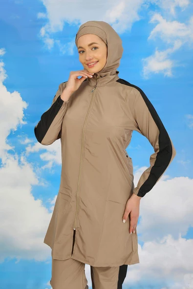 Kadın Pantolonlu Kolu Şeritli Tam Tesettür Mayo Bej 31066