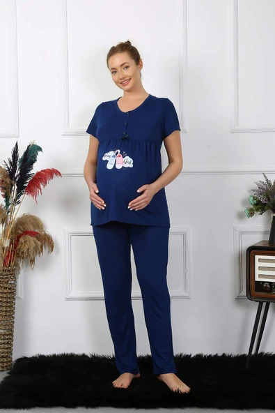 Kadın Kısa Kol Hamile Lohusa Pijama Takımı Lacivert 45210 - 6
