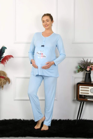 Kadın Uzun Kol Hamile Lohusa Pijama Takımı Mavi 45501 - 4