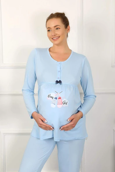 Kadın Uzun Kol Hamile Lohusa Pijama Takımı Mavi 45501 - 3
