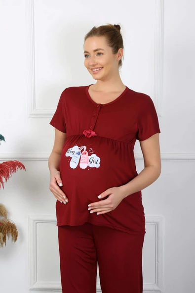Kadın Kısa Kol Hamile Lohusa Pijama Takımı Bordo 45210