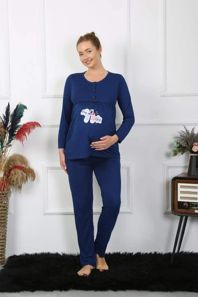 Kadın Uzun Kol Hamile Lohusa Pijama Takımı Lacivert 45501 - 3