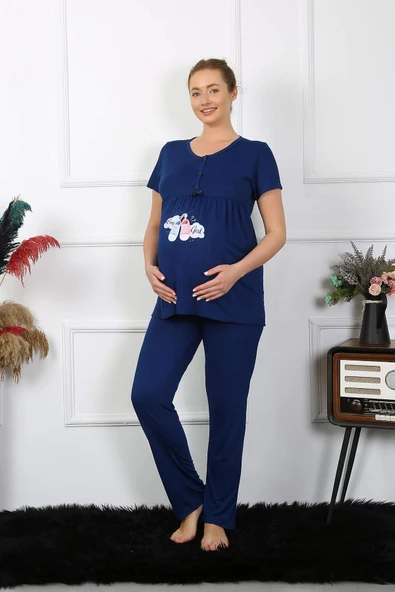 Kadın Kısa Kol Hamile Lohusa Pijama Takımı Lacivert 45210