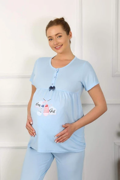 Kadın Kısa Kol Hamile Lohusa Pijama Takımı Mavi 45210