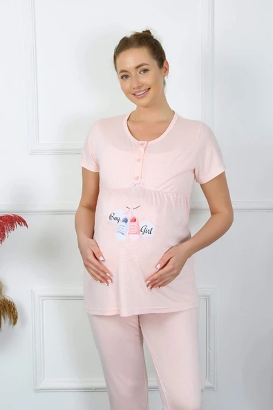 Kadın Kısa Kol Hamile Lohusa Pijama Takımı Pudra 45210 - 5