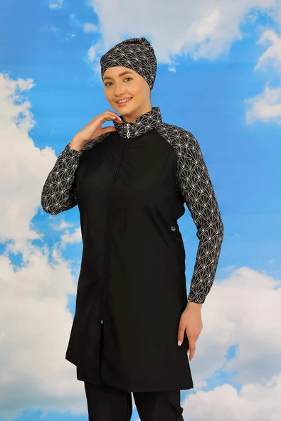 Kadın Pantolonlu Desenli Tam Tesettür Mayo Siyah 31072