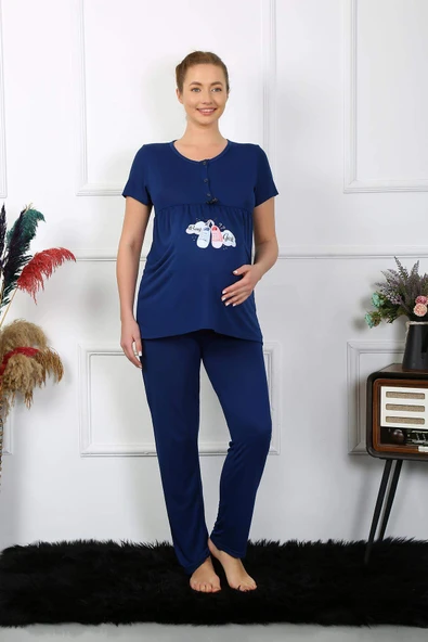 Kadın Kısa Kol Hamile Lohusa Pijama Takımı Lacivert 45210 - 3