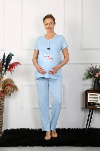 Kadın Kısa Kol Hamile Lohusa Pijama Takımı Mavi 45210 - 5