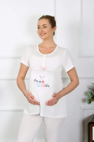 Kadın Kısa Kol Hamile Lohusa Pijama Takımı Ekru 45210