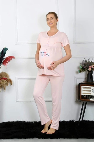 Kadın Kısa Kol Hamile Lohusa Pijama Takımı Pudra 45210