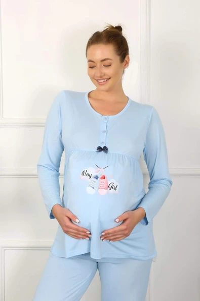 Kadın Uzun Kol Hamile Lohusa Pijama Takımı Mavi 45501