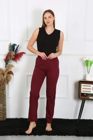Kadın Pamuk Penye Tek Alt Pijama Bordo 27513