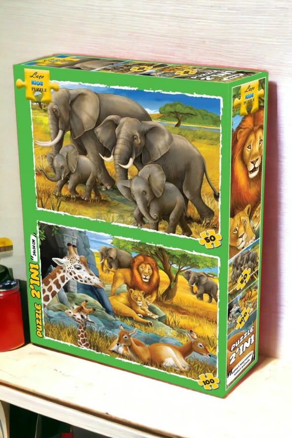 Safari Hayvanlar 2 in 1 Set 50 ve 100 Parça Puzzle Yapboz Oyun Seti | Kutulu Puzzle Set LC7331